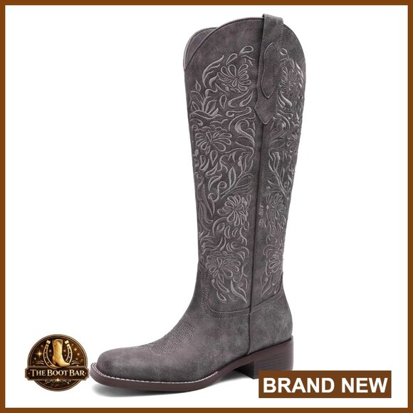 Embroidered Western Knee High Boots Square Toe Low Heel Pull On Cowgirl